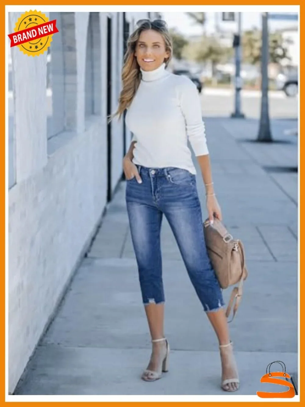 High Waisted Ripped Skinny Denim Capris Stretchy Jeggings with Pockets